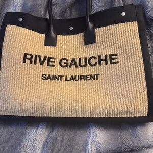 Women's Saint Laurent-Rive Gauche Tote Bag in Raffia - Natural Beige/Black Trim
